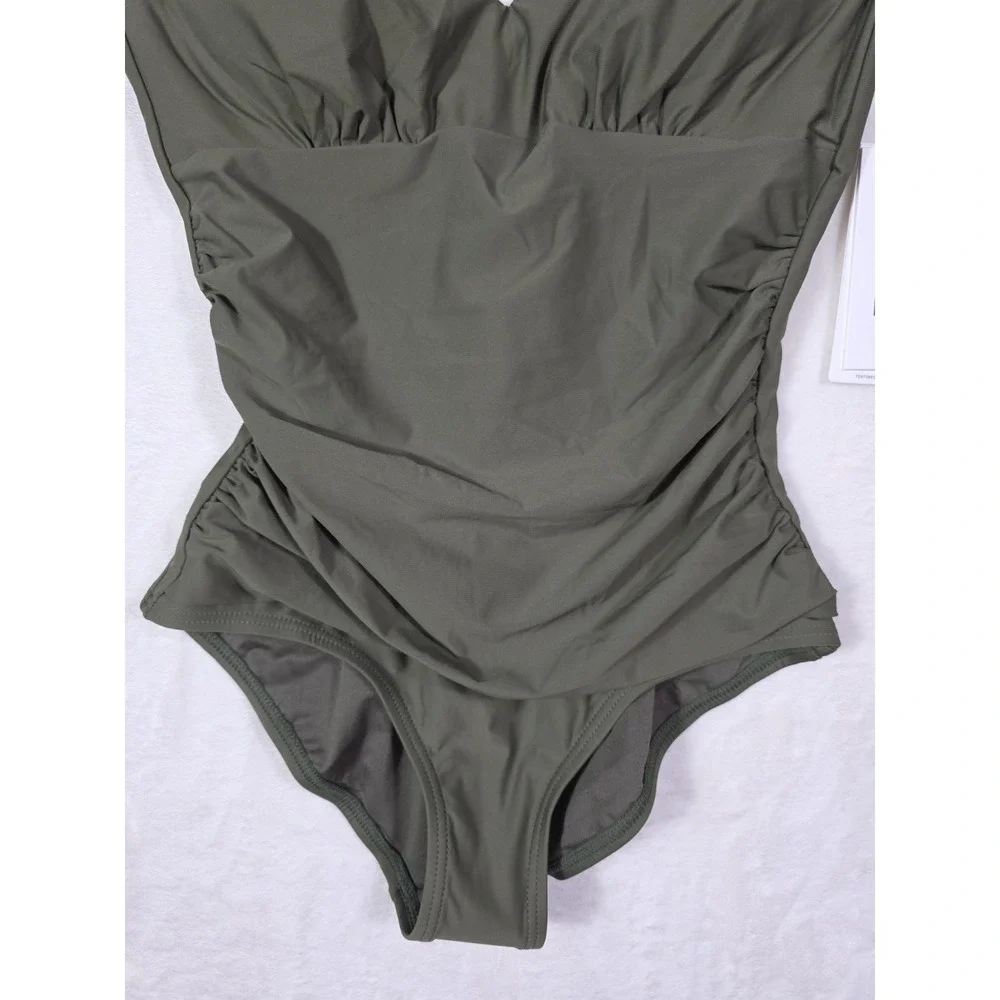 DKNY One Piece Swimsuit Women's Size S Olive Green Ruffle Tummy Control NWT $79 - Picture 7 of 10